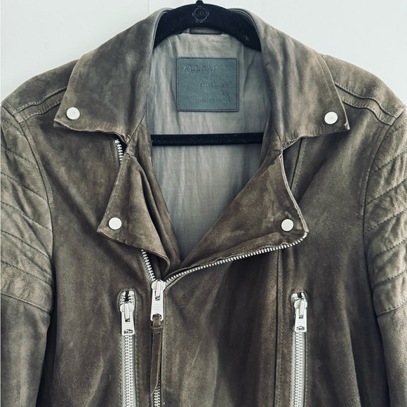 Grey Suede Leather Allsaints Moto Jacket - Picture 2 of 6